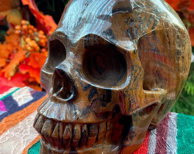 Tiger's Eye Skull Large 3 Lb. 6 oz. Crystal ~ 5" Long One-of-a-Kind Carving ~ Swirling Golden Red Brown & Black Colors ~ Quality Hand Carved