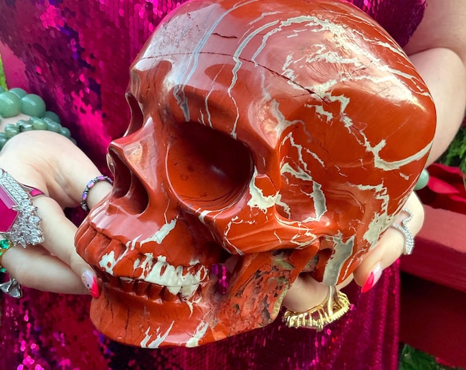 Life-Size Red Jasper Crystal Skull ~ 7 Lb. 11 oz. ~ 6 1/2" Long ~ High-Quality Hand-Carved Sculpture ~ Root Chakra Reiki Healing Altar Decor