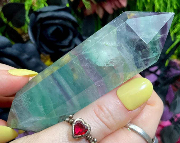 Rainbow Fluorite Double Terminated Wand ~ Large 4.6 oz. ~ 4" Long ~ Clear, Green, Purple