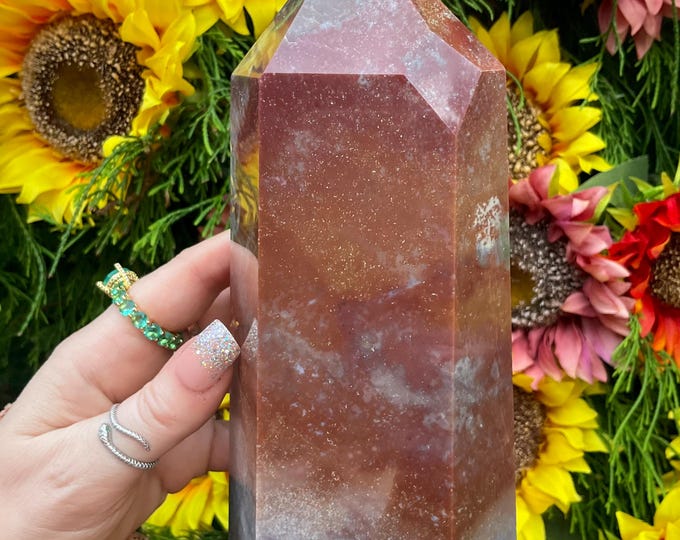 Bloodstone Crystal Generator ~ Large 3 Lb. 6 oz. ~ 7" Tall Tower ~ Swirling Green, Red Colors ~ Beautiful Inclusions ~ Reiki, Altar Display