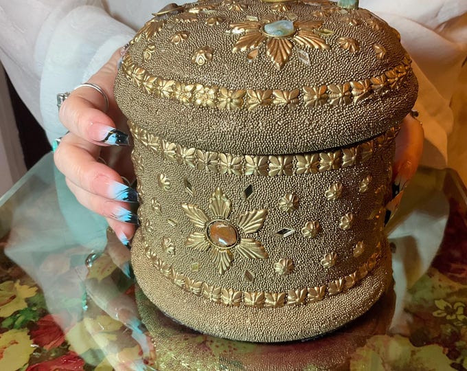 Vintage Agate Inlaid Moroccan Jewelry Trinket/Box ~ Cylinder Shape Dome Top w/ Semi Precious Stones ~ 5" Tall ~ Handmade Gold Metalwork Art
