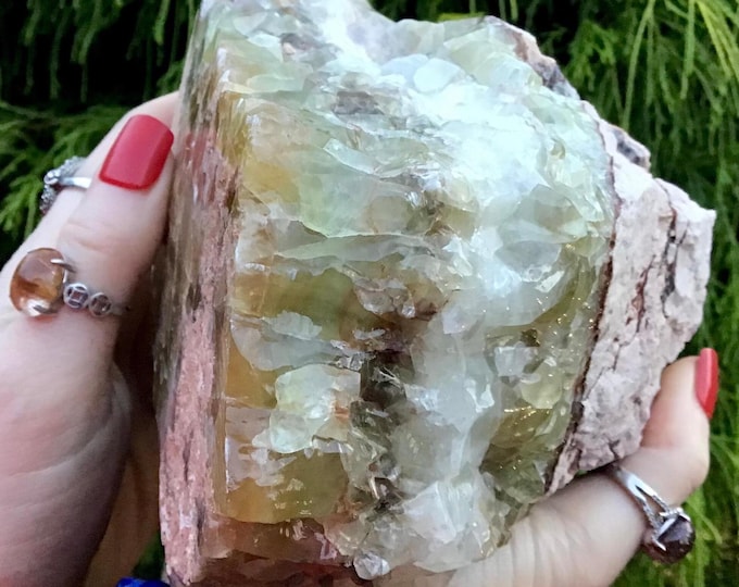 CLEARANCE! ~ Green Calcite Crystal Cluster ~ Large 3 Lb. 11 oz. ~ 4" Tall ~ Colorful Green White & Honey Colors ~ Altar Display