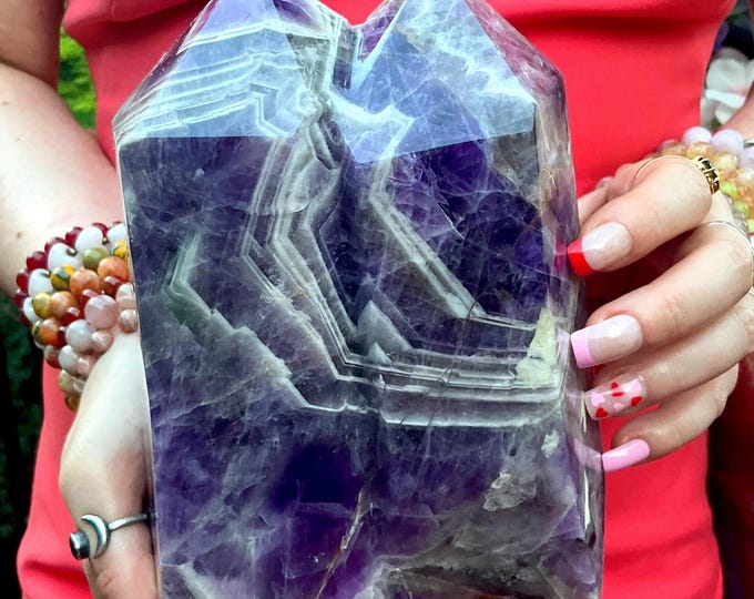 Chevron Amethyst Twin Flame Crystal Generator ~ Large 8 lb. 7 oz. ~ 8" Tall ~ Swirling Purple & White Colors ~ Right Corner Feng Shui, Love
