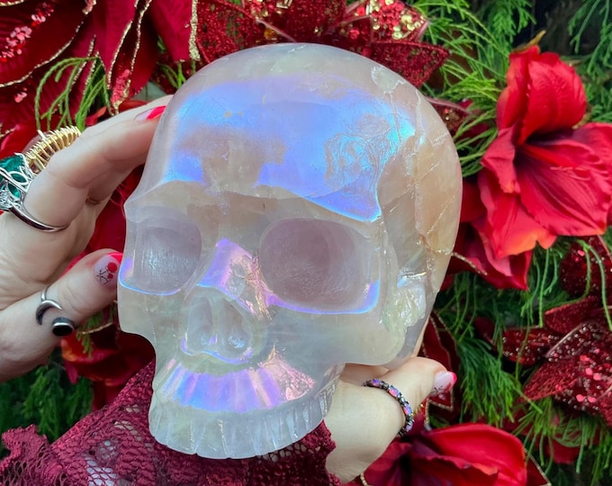 Angel Aura Rose Quartz Crystal Skull ~ Large 6 Lb. 5 oz. ~ Expertly Hand Carved ~ 6" Long Translucent Pink w Rainbow Colors ~ Free Standing