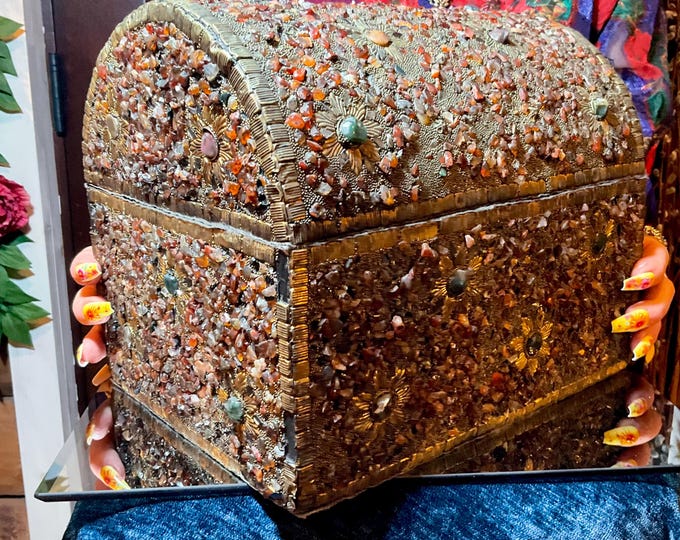 Vintage Agate Inlaid Moroccan Jewelry Box ~ 10" Long ~ Moorish Dome Top w/ Semi Precious Stones with Brass Filigree Handmade in Morocco