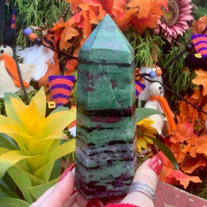 Ruby Zoisite Crystal Generator ~ 1 Lb. 7 oz. ~ 5 1/2&quot; Tall ~ Red, Green & Black Vivid Colors ~ Metaphysical Home Decor ~ Fast, Free Shipping