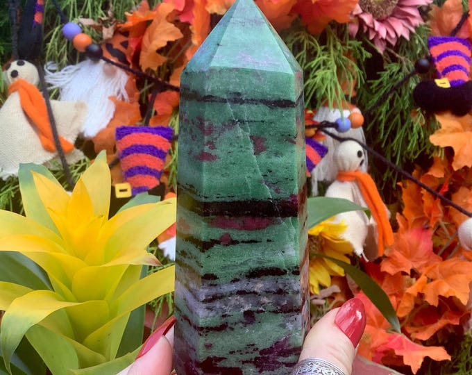 Ruby Zoisite Crystal Generator ~ 1 Lb. 7 oz. ~ 5 1/2" Tall ~ Red, Green & Black Vivid Colors ~ Metaphysical Home Decor ~ Fast, Free Shipping