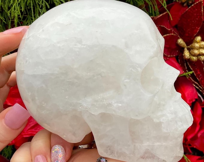 Snow Quartz Crystal Skull ~ Large 2 Lb. 15 oz.~ 5" Long ~ High Quality Hand Carved ~ Sparkling Rainbow Inclusions ~ Fast & Free Shipping USA