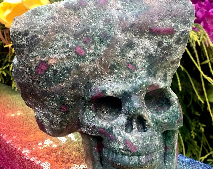 Ruby Zoisite Crystal Skull ~ 1 Lb. 9 oz. ~ 5" Tall ~ Sparkling Green & Red Colors ~ Expertly Hand-Carved Display Sculpture on Natural Matrix