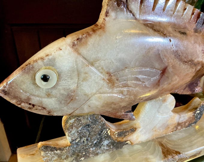 Vintage White Onyx Fish ~ Large 10 Lb. 4 oz. ~ 14" Long ~ Hand Carved Sculpture ~ Swirling White and Gold Colors ~ Fast & Free Shipping