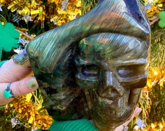 Calavera de cristal de labradorita ~ Grande, 3,5 kg ~ 18 cm de alto ~ Tallada a mano por expertos ~ Escultura facial de doble cara