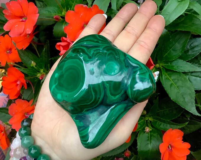 Malachite Freeform Crystal ~ Large 14.8 oz. ~ 3" Long ~ Beautiful Polished Green Mineral Specimen ~ Swirling Bullseye Patterns ~ Congo