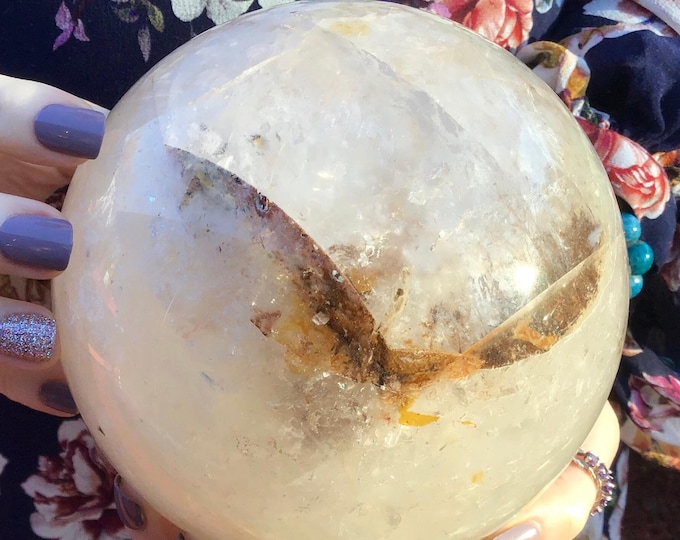 Clear Quartz Golden Healer Crystal Ball ~ Large 6 Lb. 15 oz. ~ 5" Wide ~ Sparkling Transparent Polished Sphere ~ Golden Sand Inclusions