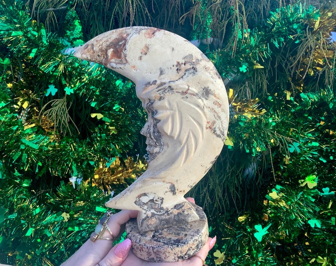 Jasper Moon Crystal Carving ~ Large 2 Lb. 14 oz. ~ 10" Tall ~ Hand Carved Free-Standing Display Sculpture ~ Earth Tone Color ~ Fast Shipping