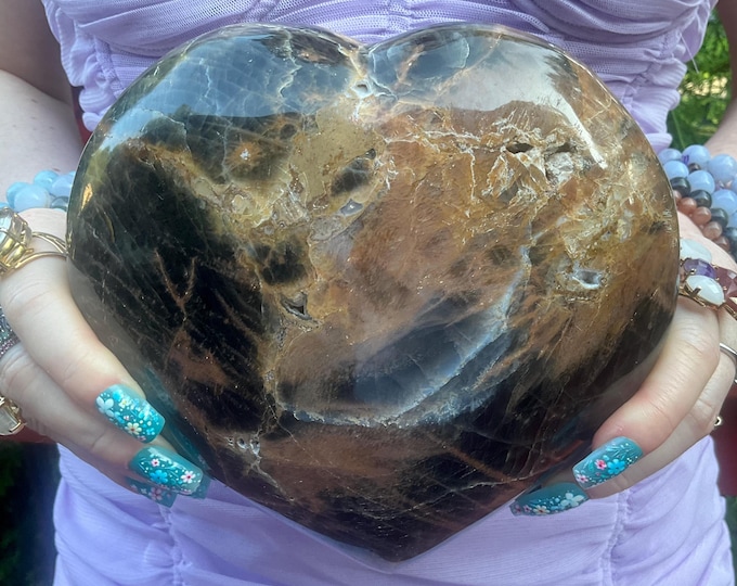 Black Moonstone Crystal Heart ~ Large 4 Lb. 15 oz. ~ 6" Wide ~ Flashing Peach, Gold & Black Mineral Gemstone ~ Fast Free Shipping