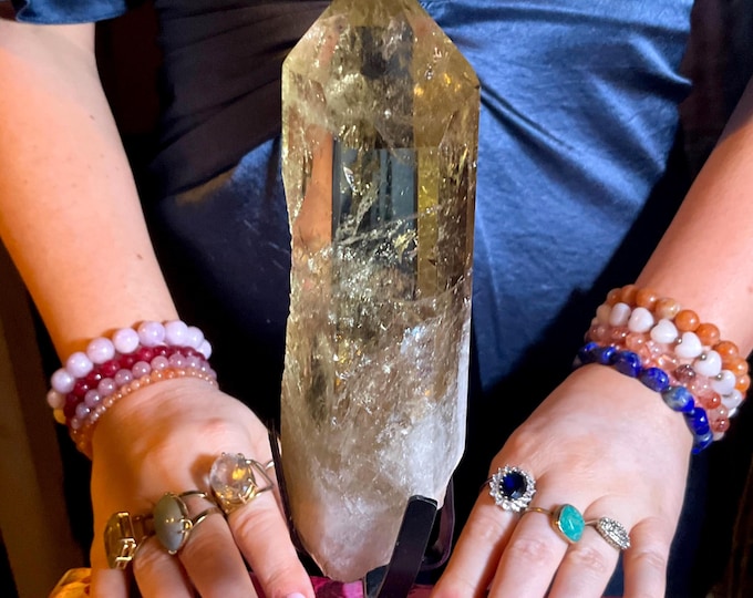 Brazilian Citrine Crystal Generator ~ Large 1 lb. ~ 6 1/2" Tall ~ Sparkling Golden Rainbow Inclusions ~ Custom Metal Display Stand