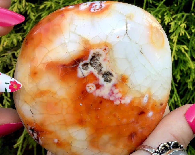 CLEARANCE ~ Carnelian Agate Freeform Crystal ~ Large 9.6 oz. ~ 3" Long ~ Stunning Orange Red & White Colors ~ Handheld Stone