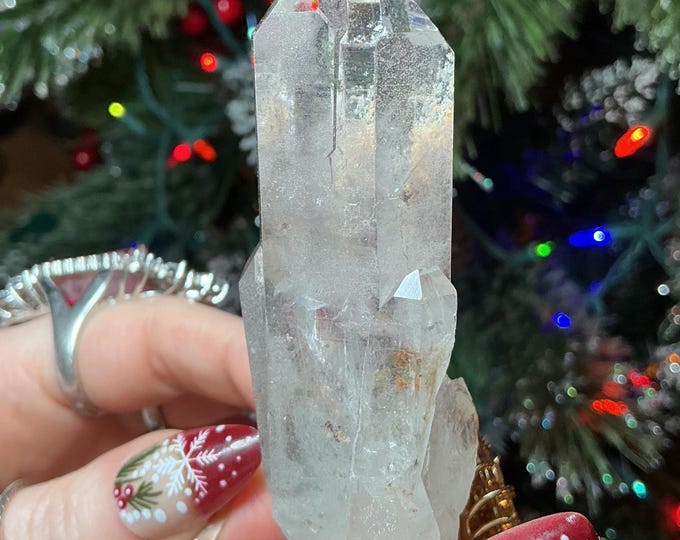 Clear Quartz Crystal Cluster ~ Natural Gem Cut Points ~ 3" Long ~ Big 3.5 oz. ~ Green Chlorite Inclusions, Silver phantoms