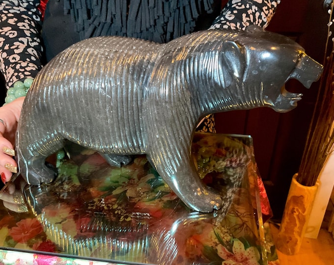 Vintage Black Tourmaline Bear Large 15 Lb. 3 oz.~ 15" Long ~ Art Sculpture Hand Carved Museum Quality ~ Swirling Sparkling Colors