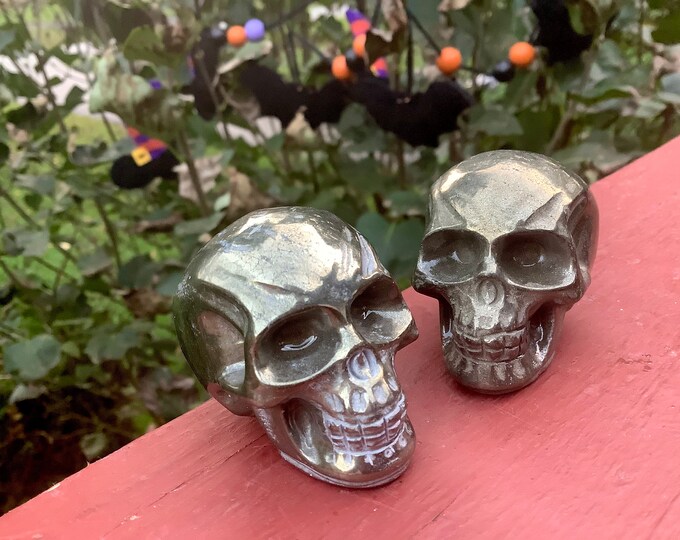 Pyrite Crystal Skull Duo ~ 9 oz. ~ 2 Golden Specimens ~ Perfect for Meditation, Altar, Grids, Reiki ~ Fast & Free Shipping
