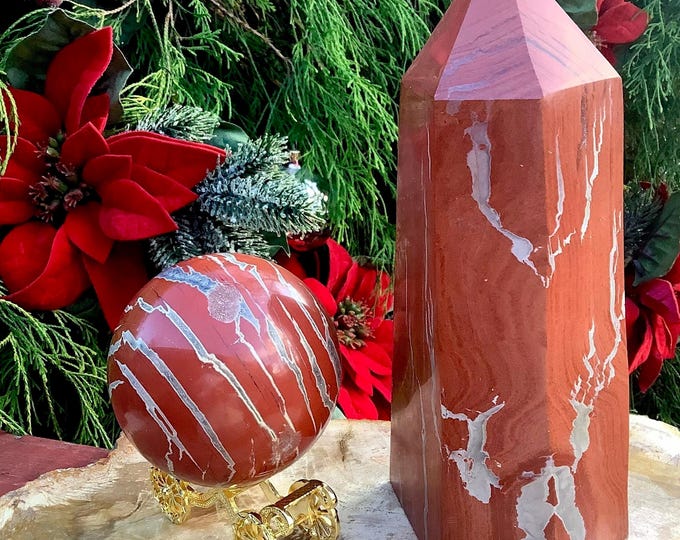 Red Jasper Crystal Ball & Tower with Decorative Display Stand ~ Crystal Gift Set ~ Generator and Sphere Display Set ~ Free Gift Wrapping