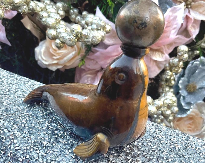 Tigers Eye Seal Crystal Carving with Ball ~ 10 oz. ~ 5" Long ~ Spirit Animal, Totem, Metaphysical Home Decor ~ Vintage, High Quality Display