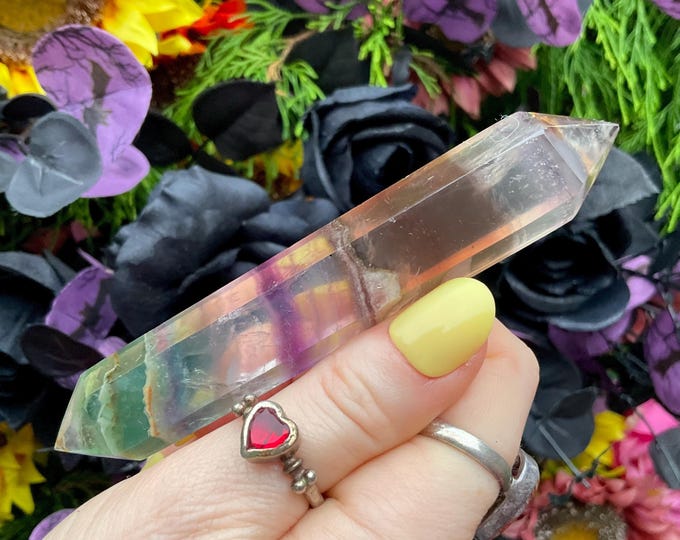 Rainbow Fluorite Double Terminated Wand ~ Large 2.5 oz. ~ 4" Long ~ Yellow, Gold, Purple ~ Fast & Free Shipping, USA + Global Shipping