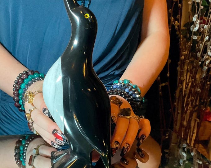 Black Obsidian Penguin with a White Quartz Body ~ 3 Lb. ~ 9" Tall ~ Vintage Hand Carved Spirit Totem Animal ~ Free Shipping, U.S.A. ~