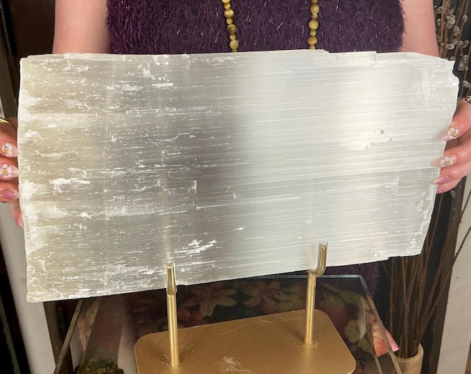 Selenite Crystal on Display Stand ~ Large 7 Lb. ~ 14" Long ~ Beautiful White Shiny Iridescent Gypsum Specimen ~ Altar, Reiki Display