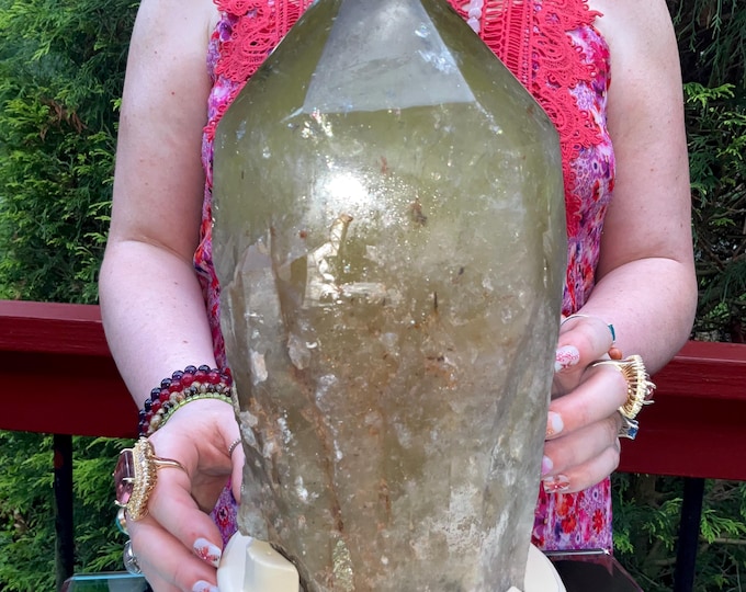Clear Citrine Quartz Crystal Point ~ 15 Lb.  5 oz. ~ 10" Tall~ Sparkling Yellow with Golden Rainbow Inclusions ~ Custom Hand Carved Stand