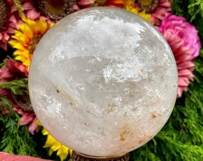 Clear Quartz Crystal Ball ~ Large 3 Lb. 4 oz. ~ 4" Wide Colorful Rainbow Inclusions ~ Altar, Reiki, Feng Shui, Home Decor ~ Fast Shipping