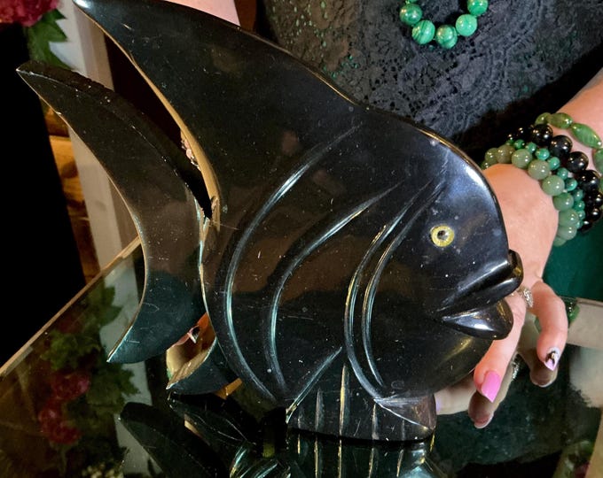 Vintage Black Onyx Fish ~ Large 3 Lb. 15 oz. ~ 8" Tall ~ Hand Carved Sculpture ~ Museum Quality ~ Glossy Black Colors ~ Spirit Totem Animal