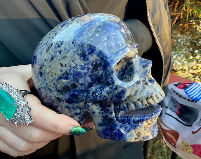Sodalite Laughing Crystal Skull ~ Large 3 Lb. 3 oz.~ 5" Long ~ Hand Crafted Sparkling Blue & White Sculpture ~ Reiki Display ~ Fast Shipping