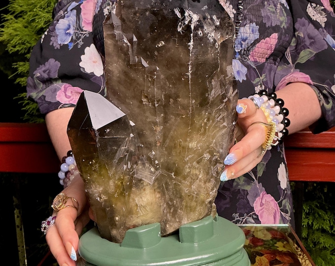 Black Morion & Citrine Quartz Display Crystal ~ 9 Lb. 11 oz. Point Cluster ~ 10" Tall ~Natural Black Golden Color ~ Custom Hand Carved Stand