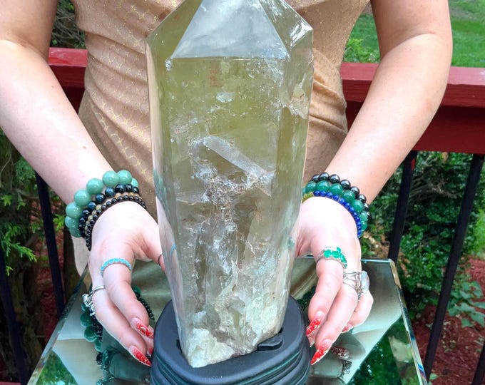 Clear Citrine Quartz Crystal Point ~ 8 Lb.  4 oz. ~ 10" Tall~ Sparkling Yellow with Golden Rainbow Inclusions ~ Custom Hand Carved Stand