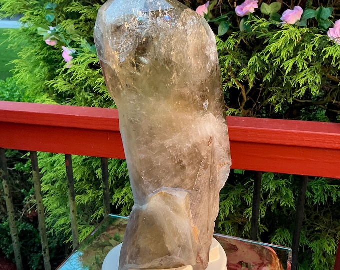 Clear Citrine Quartz Crystal Point ~ 14 Lb. ~ 12" Tall~ Sparkling Yellow with Golden Rainbow Inclusions ~ Custom Hand Carved Stand