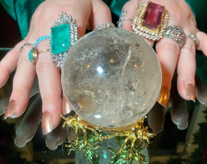 Clear Quartz Crystal Ball w/ Bumble Bee Display Stand ~ 13 oz. ~ 2" Wide ~ Stunning Rainbow Inclusions, Silver Flashes