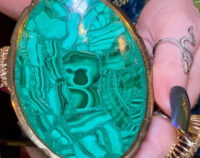 Vintage Malachite Polished Bowl ~ 3 oz. ~ 4" Long ~ Oval with Brass Trim ~ Hand Made from Congo ~ Green Swirling Bullseye Patterns