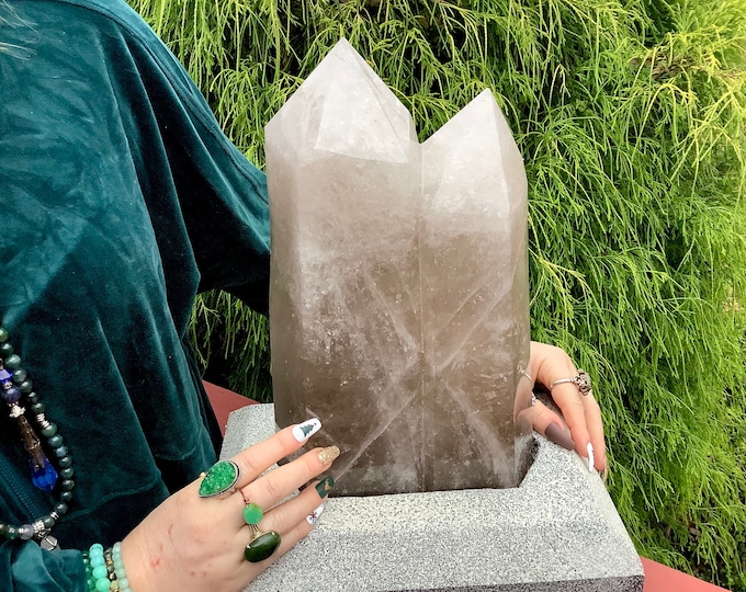 Smokey Quartz Twin Flame Generator w/ Custom Display Stand ~ Large 20 lb. ~ 13" Tall Double Point Crystal Tower