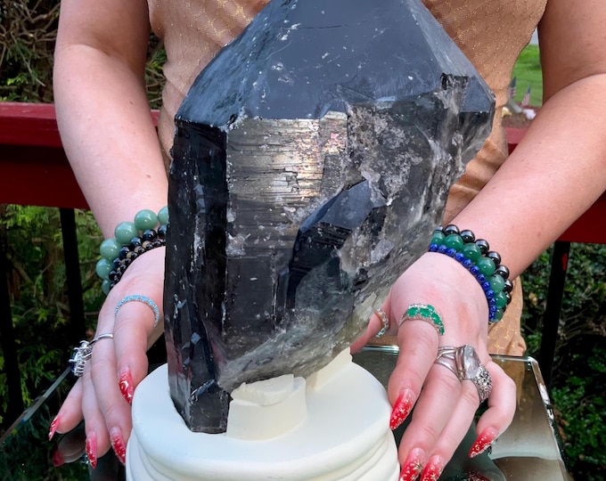 Black Morion Quartz Display Crystal 7 Lb. 4 oz.  Single-Terminated Point Cluster ~ 8" Tall ~ Natural Black Color ~ Custom Hand Carved Stand