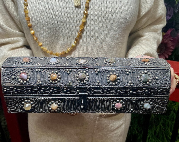 Vintage Agate Inlaid Moroccan Jewelry Box ~ Moorish Dome Top w/ Semi Precious Stones ~ 12" Long ~ Handmade in Morocco ~ Fast & Free Shipping