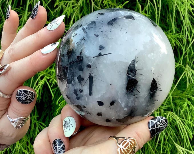 Black Tourmaline Snow Quartz Crystal Ball ~ Large 2 lb. 2 oz. ~ 4" Wide ~ Metaphysical Home Decor ~ Meditation Sphere, Grounding, Reiki Tool