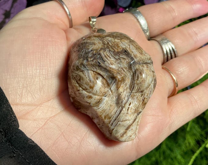 Petrified Wood Gemstone Alien Skull Pendant 1.9 oz. Crystal ~ 2" Long ~ Beige, Brown & Gray Colors ~ Hand Carved Sculpture ~ Fast Shipping
