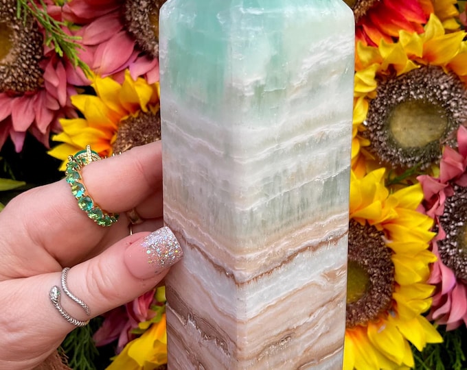 Caribbean Blue Calcite Crystal Generator ~ 1 Lb. 13 oz ~ 6" Tall ~ Sparkling Blue & White Colors ~ Throat Chakra Reiki Healing Altar Display