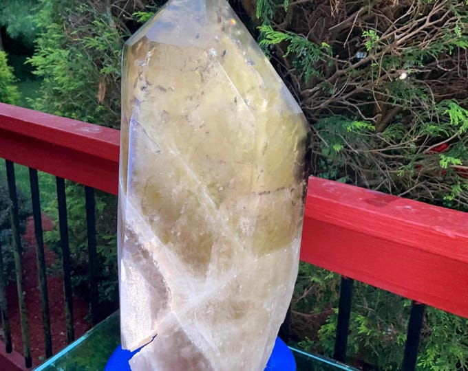 Clear Citrine Quartz Crystal Point ~ 12 Lb.  5 oz. ~ 12" Tall~ Sparkling Yellow with Golden Rainbow Inclusions ~ Custom Hand Carved Stand