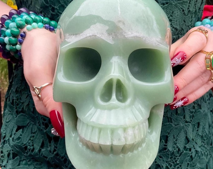 Life Size Green Aventurine Crystal Skull ~ Large 7 Lb. 6 oz. ~ 7" Long ~ Hand Carved ~ Stunning Metaphysical Home Decor ~ Reiki, Altar ~