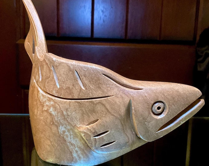 Carved Stone Fish Figurine 10" Long ~Hand carved Soapstone Sculpture ~ Made in the Six Nations in Canada by Clifton Henry ~ Animal Totem