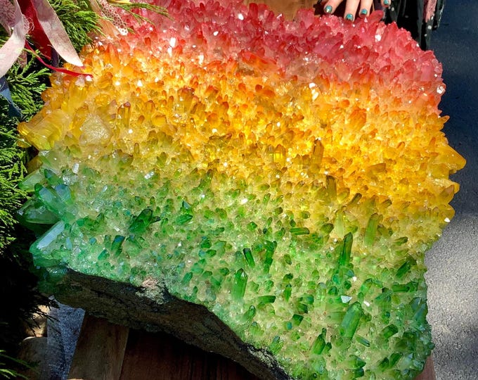 Massive 96 lb. Rainbow Aura Quartz Crystal Cluster ~ 25" Long ~ Sparkling Pink, Green, Yellow Colors, Magnificent Centerpiece