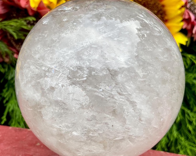 Clear Quartz Crystal Ball ~ Large 2 Lb. 8 oz. Sphere ~ 3 1/2" Wide ~ Home Decor ~ Colorful Rainbow Inclusions   ~ Fast & Free Shipping