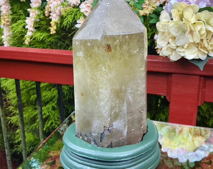 Clear Citrine Quartz Crystal Point ~ 6 Lb. 4 oz. ~ 8" Tall~ Sparkling Yellow with Golden Rainbow Inclusions ~ Custom Hand Carved Stand